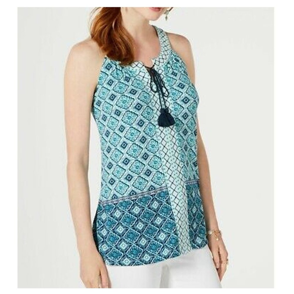 Style & Co Women's Tasseled Diamond Printed Tank Top Med